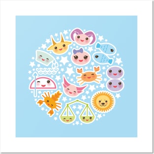 Funny Kawaii zodiac sign (bright blue background) Posters and Art